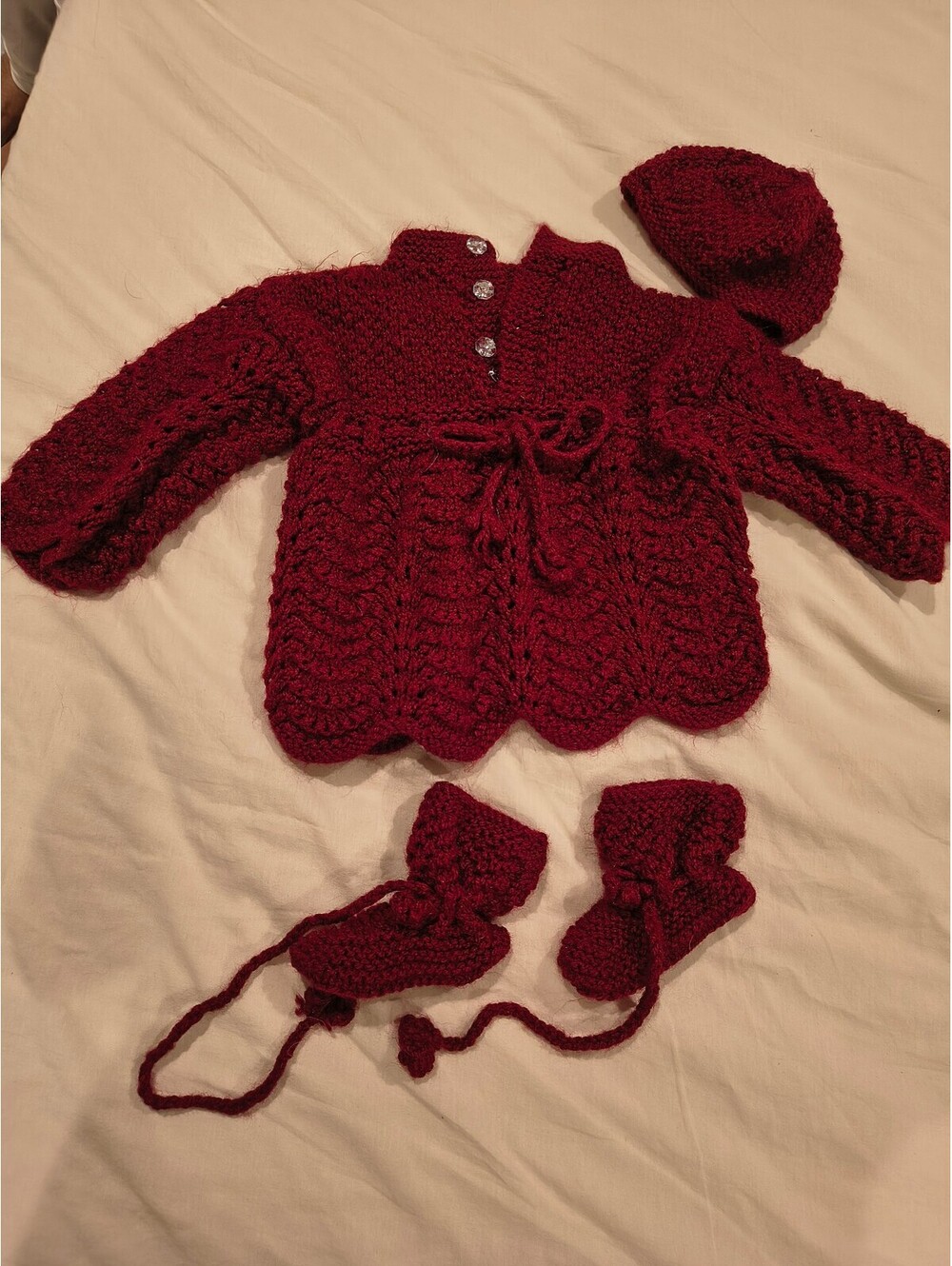 Hand Knitted Burgundy Baby Sweater Set with Hat and Booties